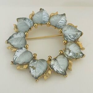Signed Keys Blue Glass Leaves Wreath Brooch